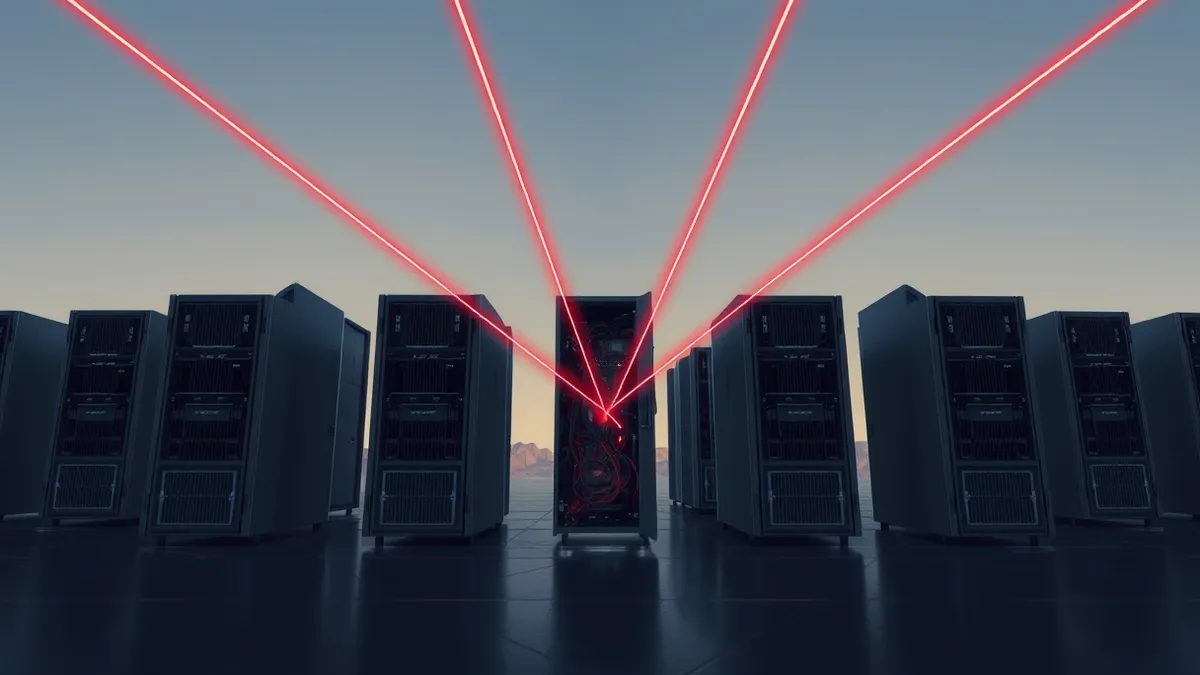 Illustration: A row of identical server blades stands in a dark room.