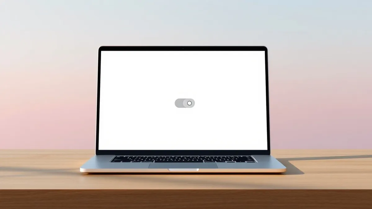 Illustration: A sleek silver laptop rests on a wooden desk with its screen displaying a simple blank interface.