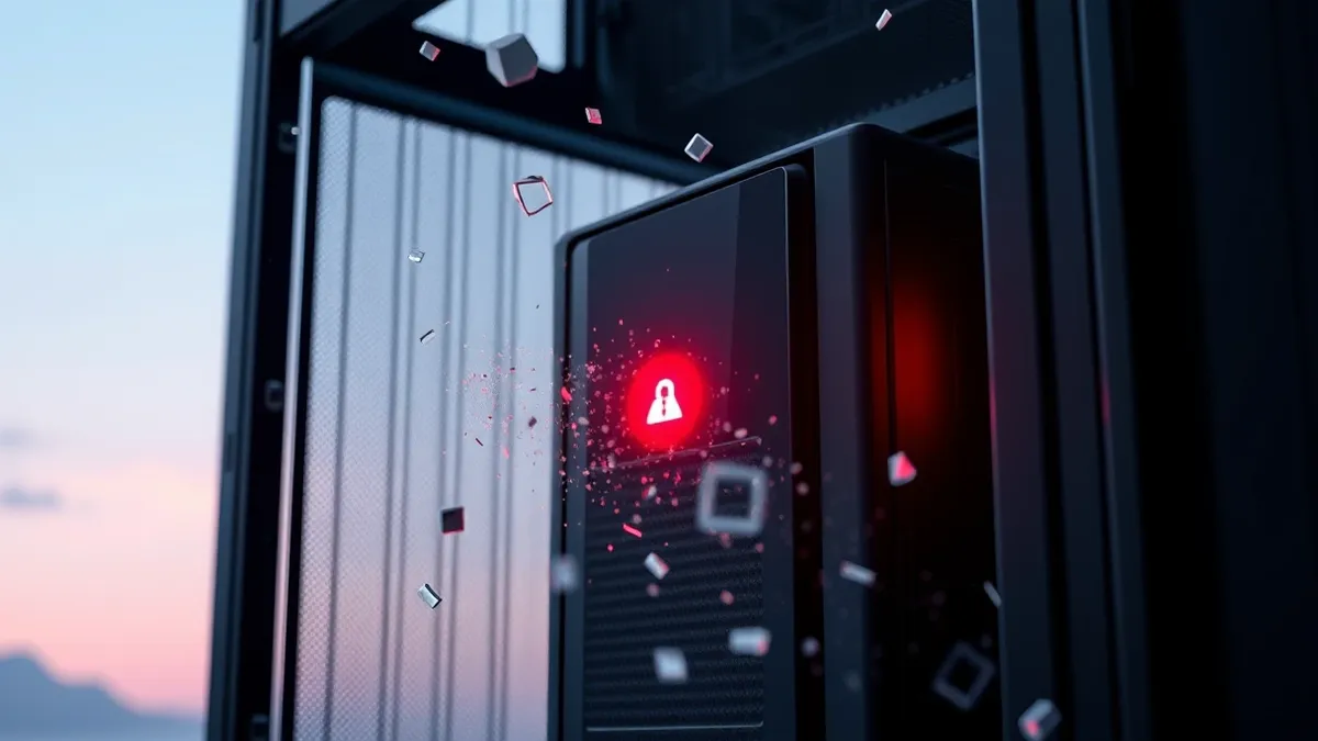 Illustration: A sleek black server blade sits in a dark rack, its front panel displaying a single glowing red warning light.