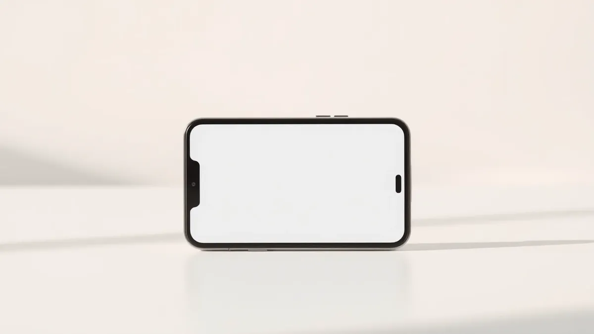 Illustration: A single smartphone rests on a clean white desk, its screen displaying a blank app interface with abstract geometric shapes.