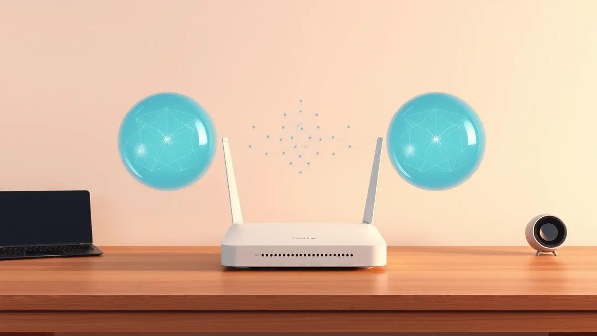 Illustration: A sleek white router sits on a wooden desk, surrounded by three translucent blue spheres that expand outward to form a protective dome.