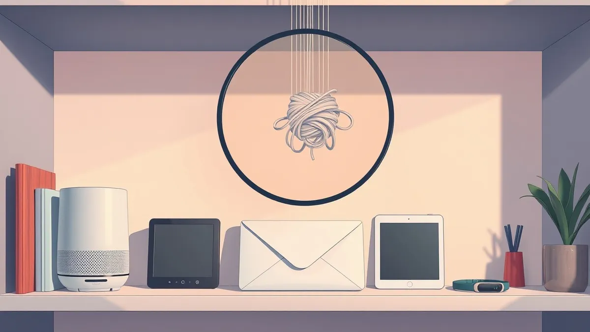 Illustration: A cluttered household shelf holds a smart speaker, a tablet, and a fitness tracker next to a sealed envelope.