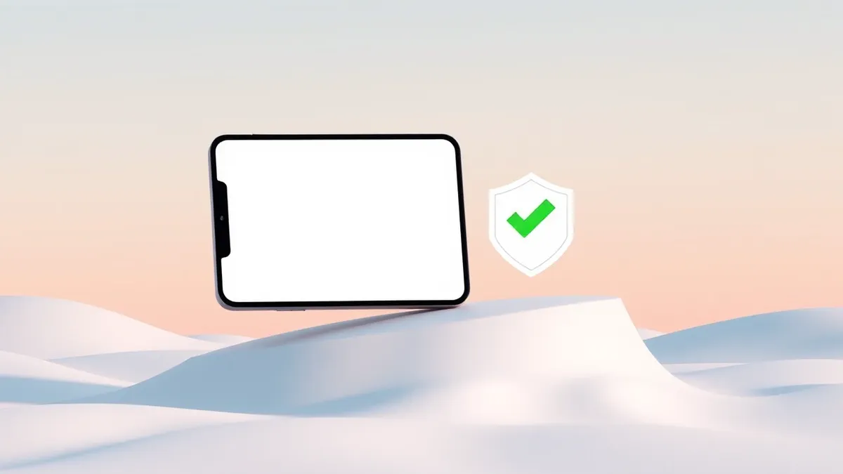 Illustration: A blank smartphone screen floats above a stylized software package icon, with a bright green checkmark hovering beside it to symbolize automated security verification