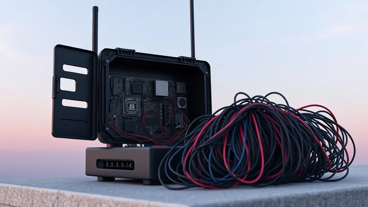 Illustration: A black portable video transmission receiver sits on a concrete ledge, its side panel open to reveal exposed internal circuit boards.