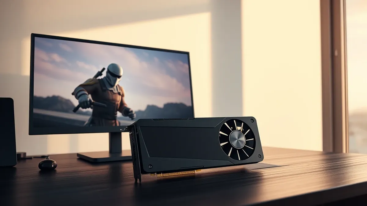 Illustration: A sleek black graphics card rests on a dark wooden desk next to a monitor displaying a video game scene.