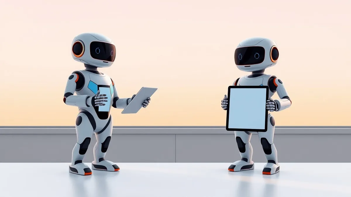Illustration: Two sleek robotic assistants stand side by side on a clean white desk, each holding a blank tablet.