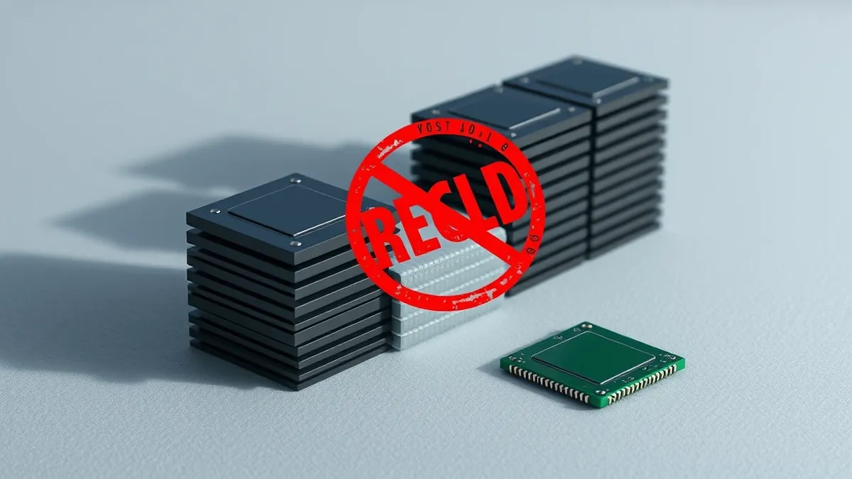 Illustration: A single green microchip rests on a gray surface next to a stack of identical black chips.