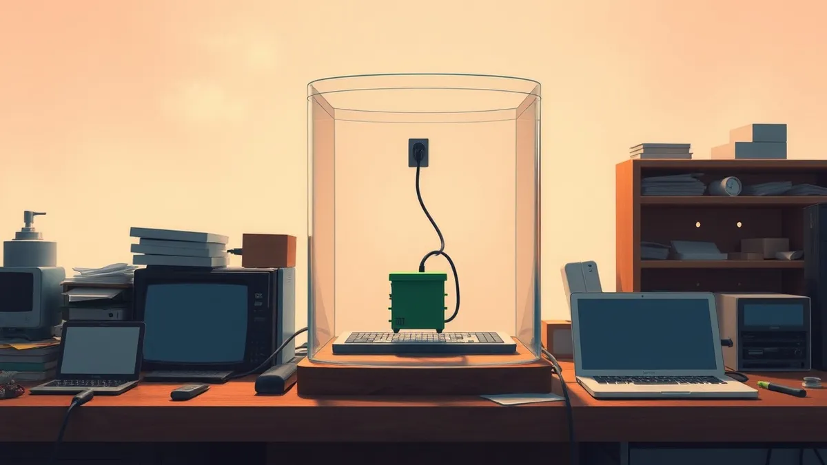 Illustration: A transparent glass container sits on a cluttered wooden workbench.