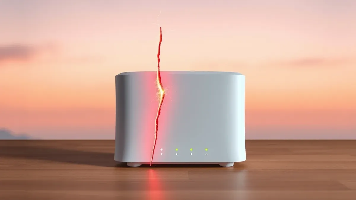 Illustration: A white home Wi-Fi router sits on a wooden table, its status lights glowing steadily.