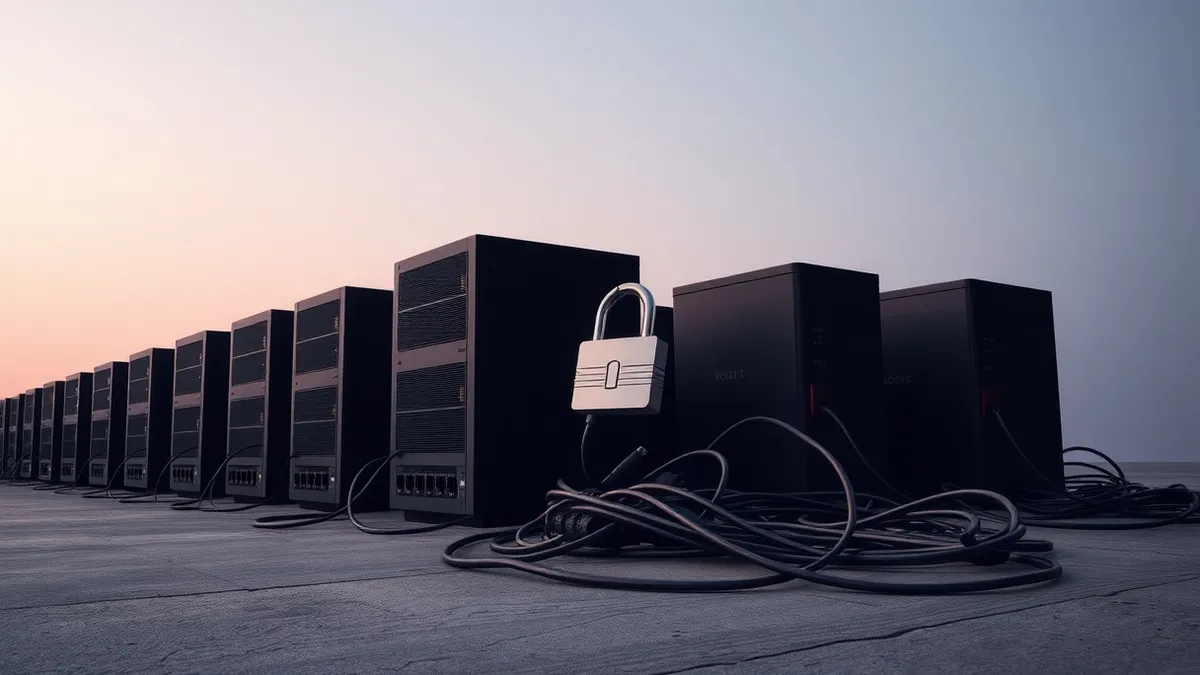 Illustration: A row of black network routers sits on a concrete floor, their status lights dark and unlit.