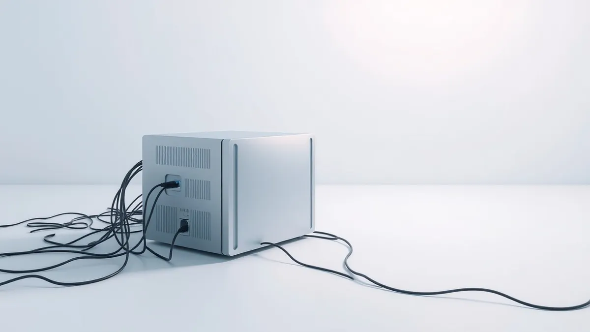Illustration: A sleek silver cloud server unit sits isolated on a clean white surface, disconnected from tangled network cables that drift away into the empty background.