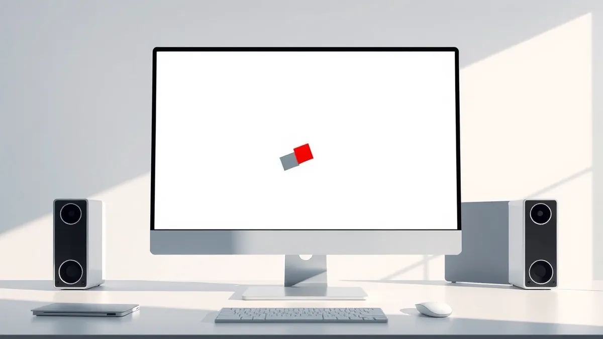 Illustration: A generic enterprise software interface window sits open on a sleek desktop monitor.
