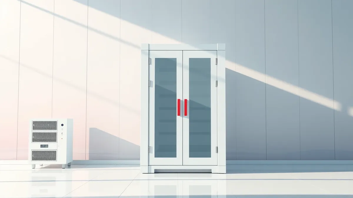 Illustration: A sleek white server sits behind a thick glass wall in a sterile room, completely isolated from any visible cables or networks.