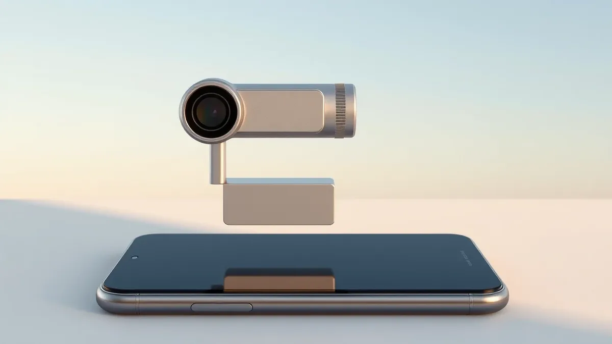 Illustration: A compact, silver magnetic flash unit attaches to the back of a sleek smartphone.