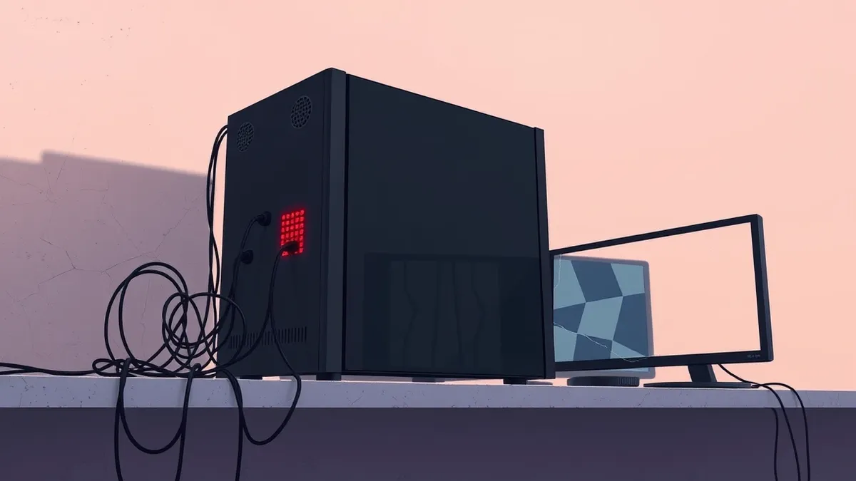 Illustration: A sleek black media server box sits on a dusty shelf with its ventilation holes glowing faintly red.