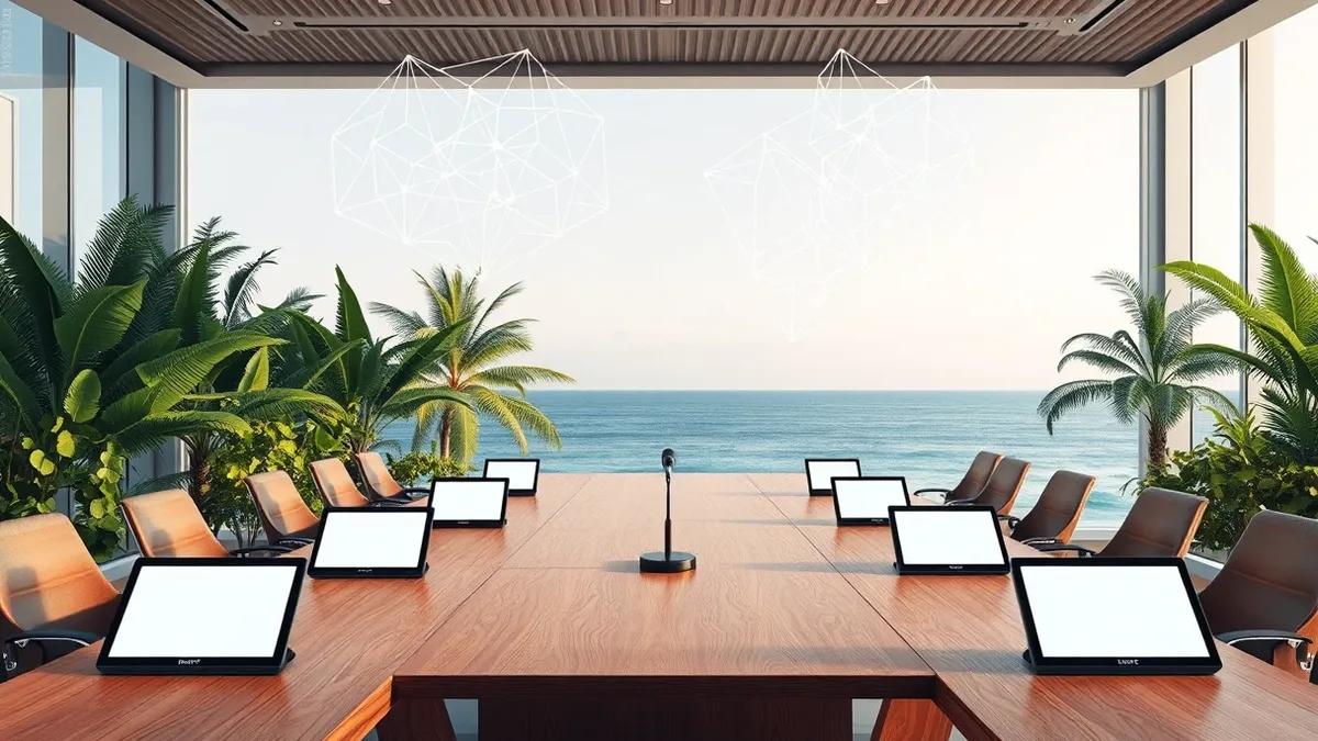 Illustration: A wooden conference table in a modern hall holds blank tablets and microphones against a backdrop of lush tropical ferns and ocean light.