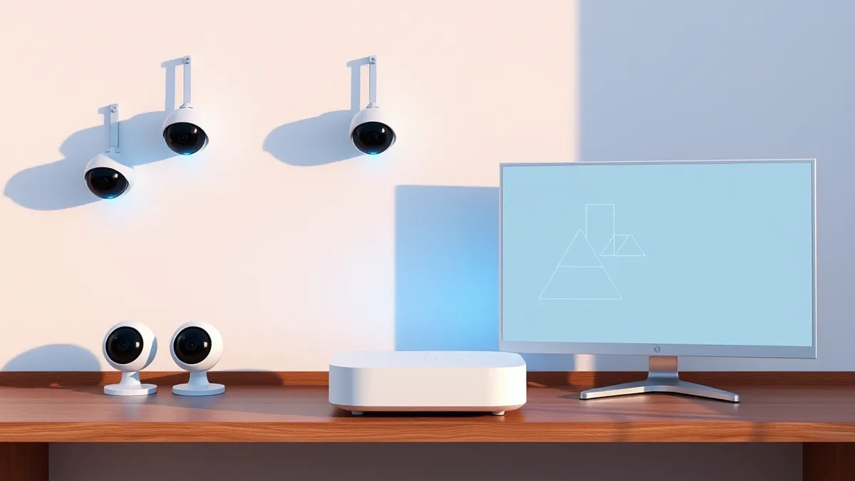 Illustration: A compact white hub sits on a wooden shelf with several small dome cameras mounted on the wall behind it.