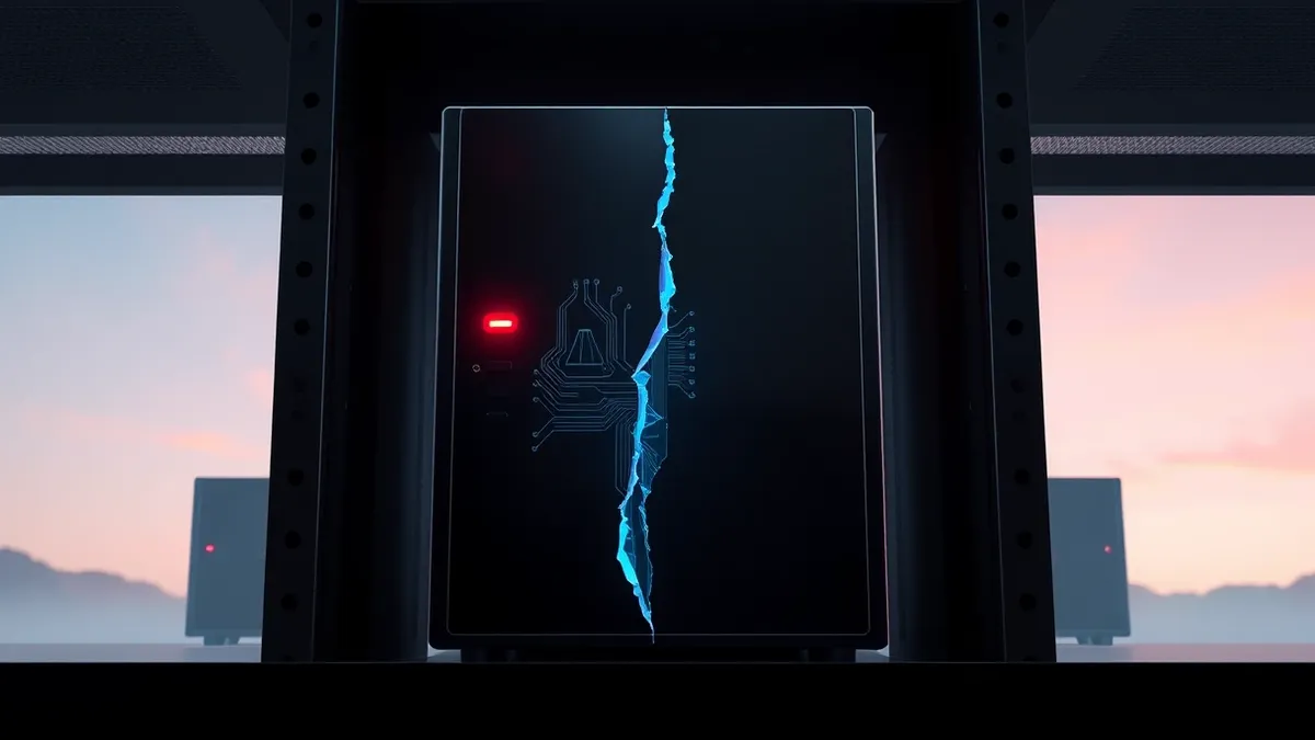 Illustration: A black server unit sits in a dark rack with a single red warning light glowing on its front panel.