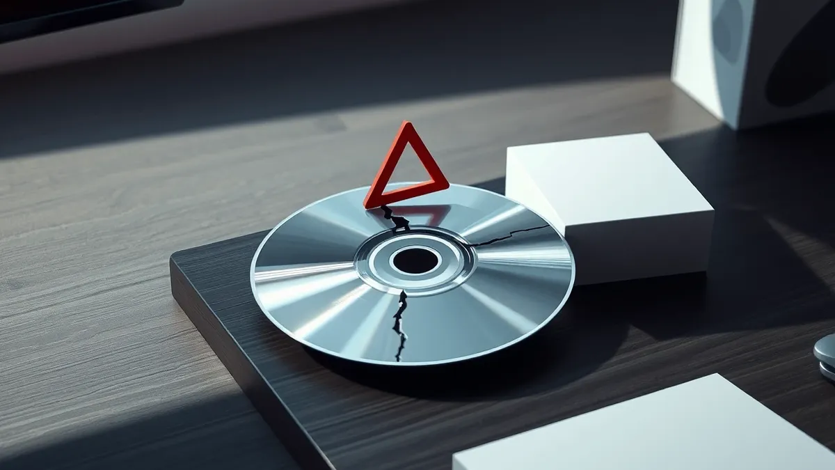 Illustration: A sleek silver software installation disc rests on a dark wooden desk, its reflective surface warped into a jagged black crack.