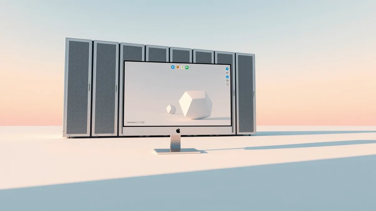 Illustration: A sleek desktop computer sits on a clean white surface, its monitor displaying a minimalist interface with soft geometric shapes representing local artificial intelli