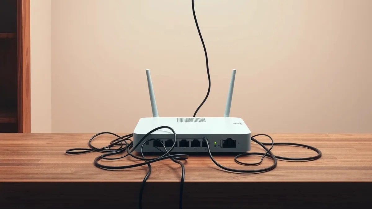 Illustration: A small white internet router sits on a wooden table with tangled wires.