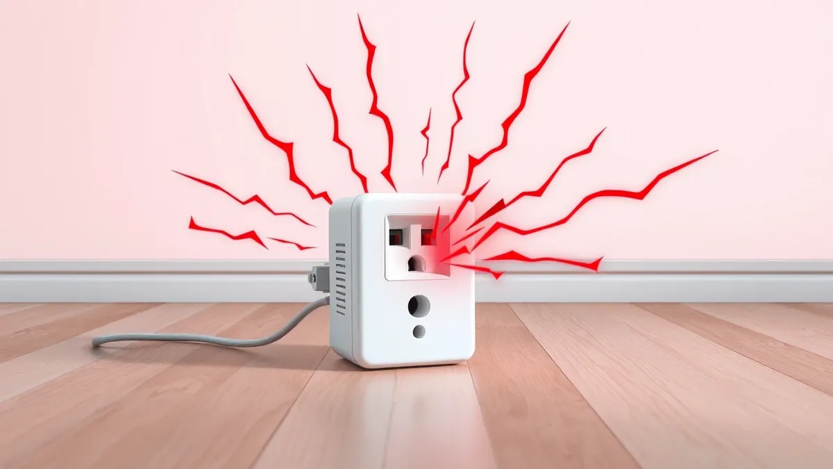 Illustration: A white wireless powerline adapter sits on a wooden floor next to a power outlet.