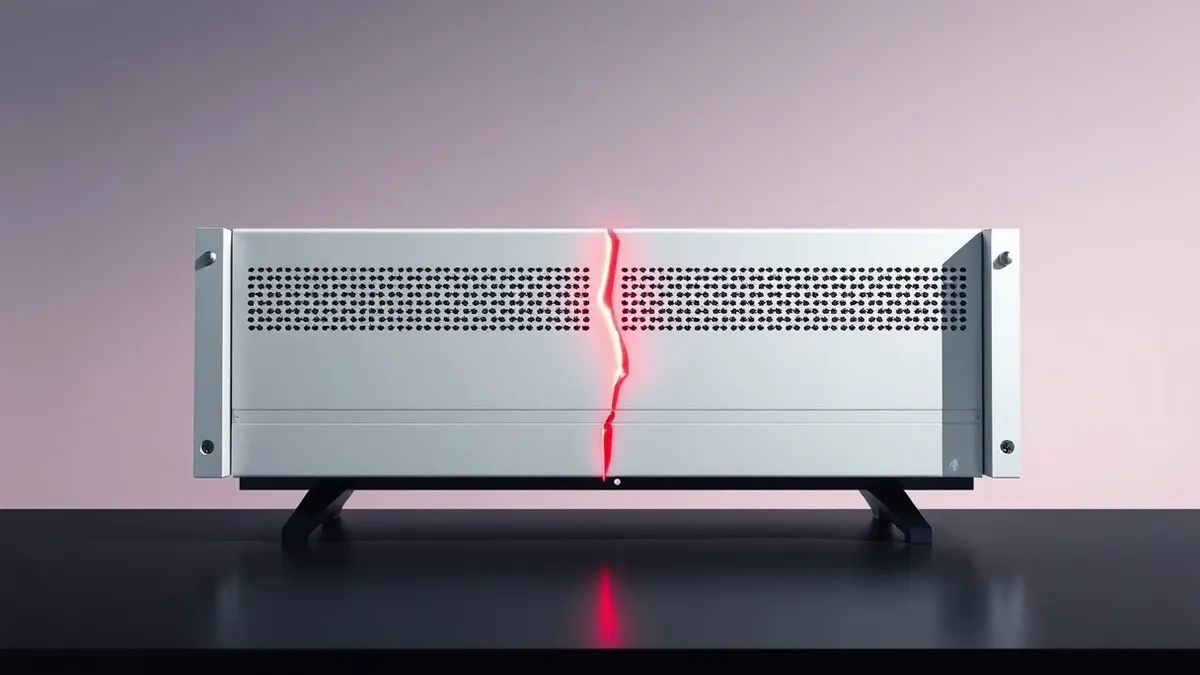Illustration: A stark white server blade sits isolated on a dark desk, its front panel marked by a single, jagged red crack that splits the smooth metal surface.