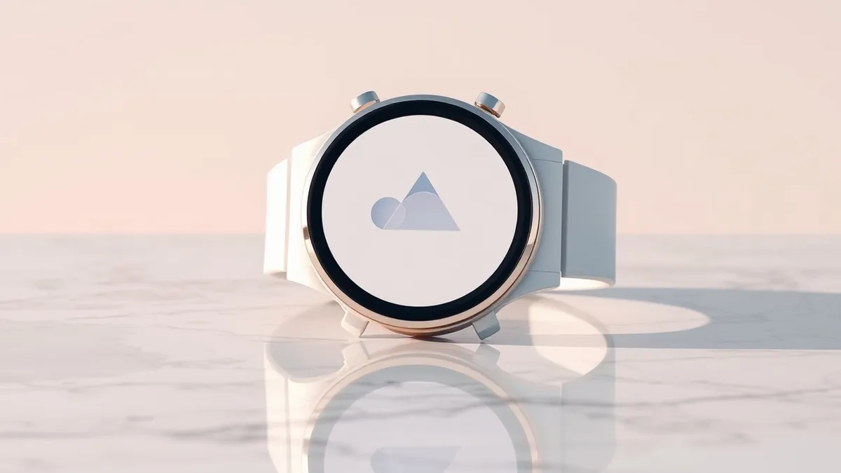Illustration: A white smartwatch rests on a polished marble surface.