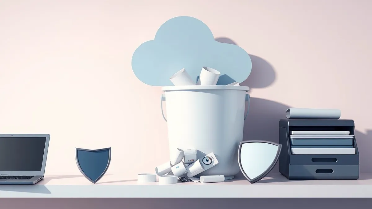 Illustration: A generic cloud storage bucket sits exposed on a digital shelf, its lid popped open to reveal loose data files spilling out.