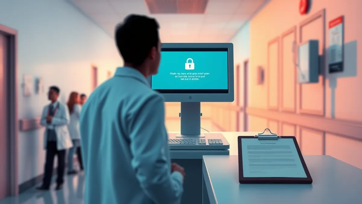 Illustration: A blurred medical professional stands before a locked computer terminal in a busy hospital hallway.