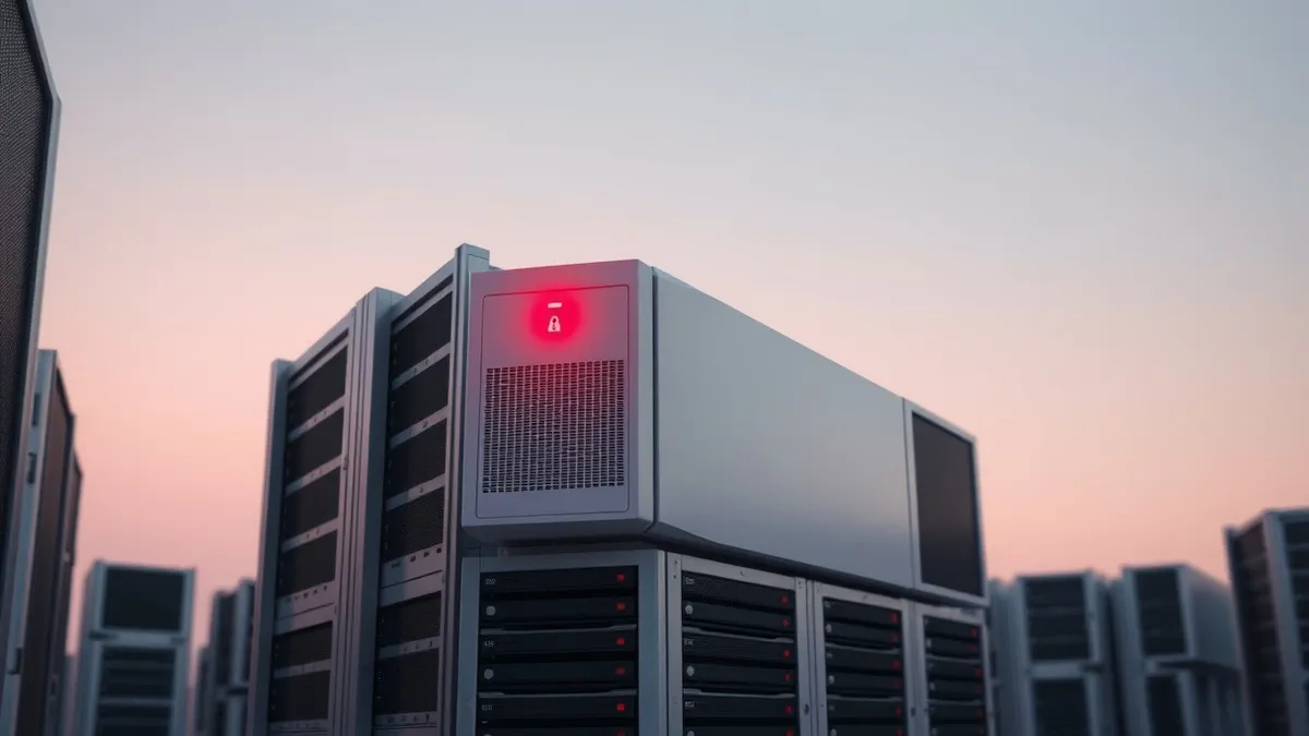 Illustration: A single white server blade sits isolated on a sterile metal rack.