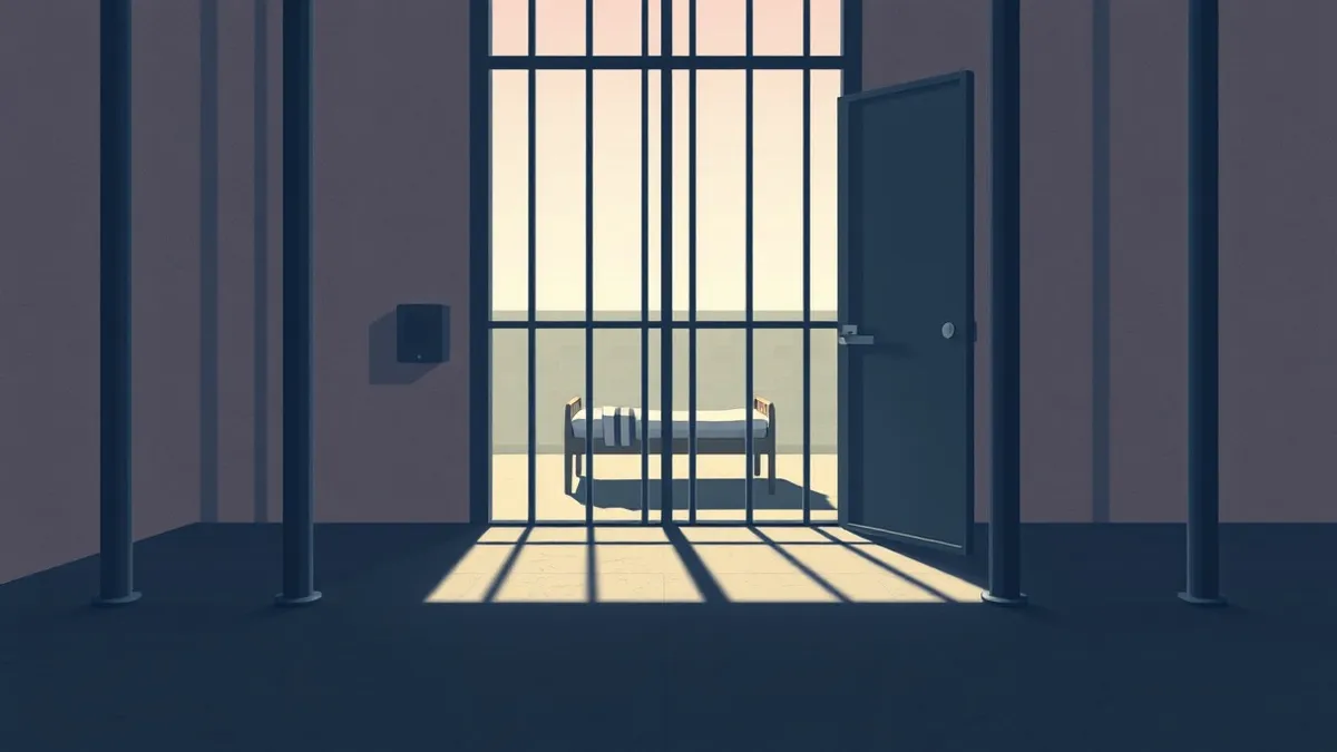 Illustration: A heavy steel prison cell door slams shut, casting long shadows across a cold concrete floor.