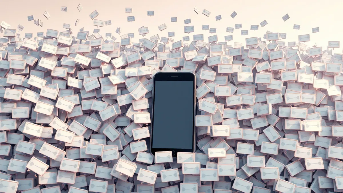 Illustration: Thousands of blank social media notification cards swarm a single smartphone screen, forming a chaotic digital cloud that engulfs the device.