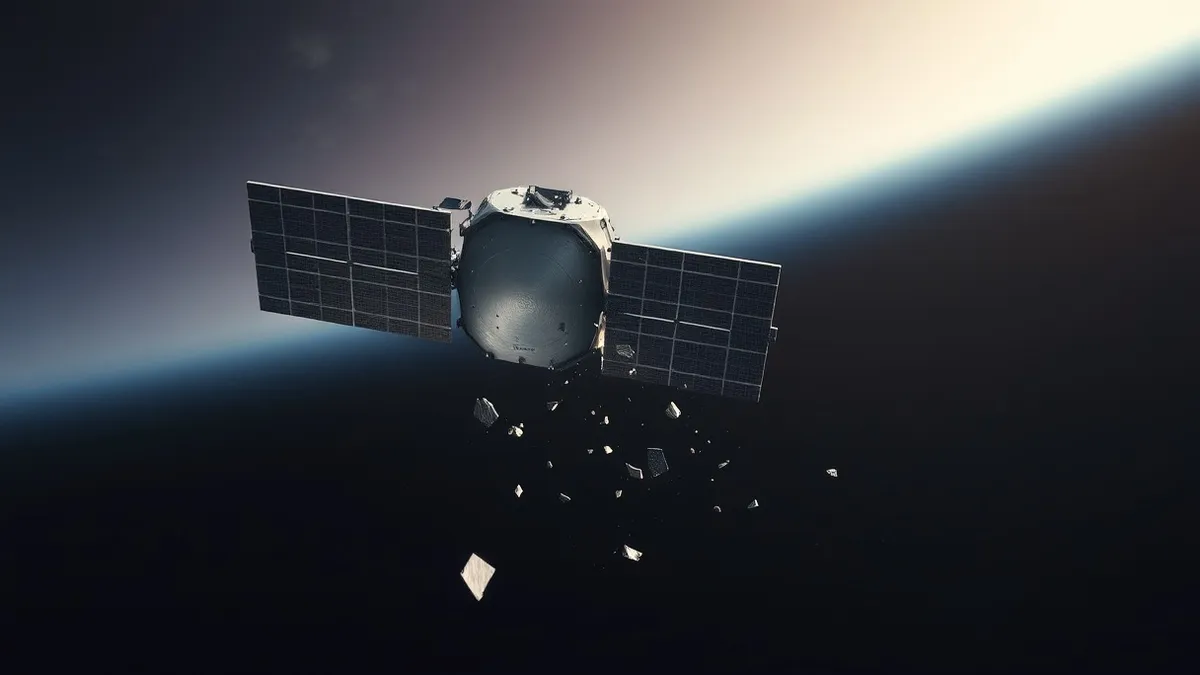 Illustration: A silver satellite panel reflects sunlight while drifting through the dark void of space.