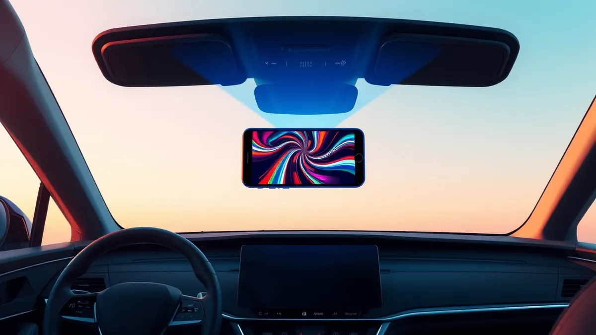 Illustration: A sleek smartphone rests on a car dashboard, projecting a vibrant, abstract video pattern onto the large central display.