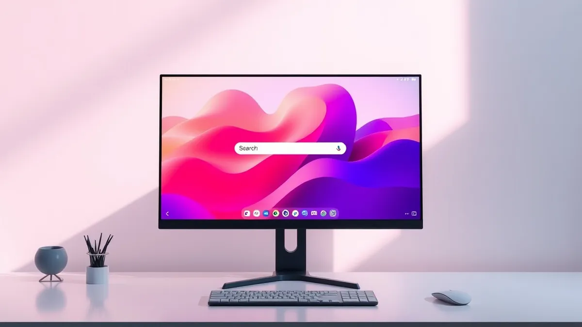 Illustration: A sleek desktop monitor displays a minimalist interface with a central search bar expanding smoothly.
