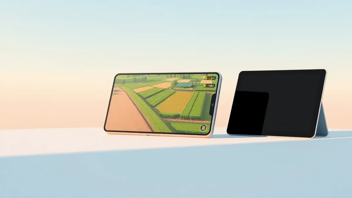 Illustration: A sleek foldable smartphone rests open on a clean white surface, its large inner screen displaying a vibrant, pixelated farming game with lush green fields.