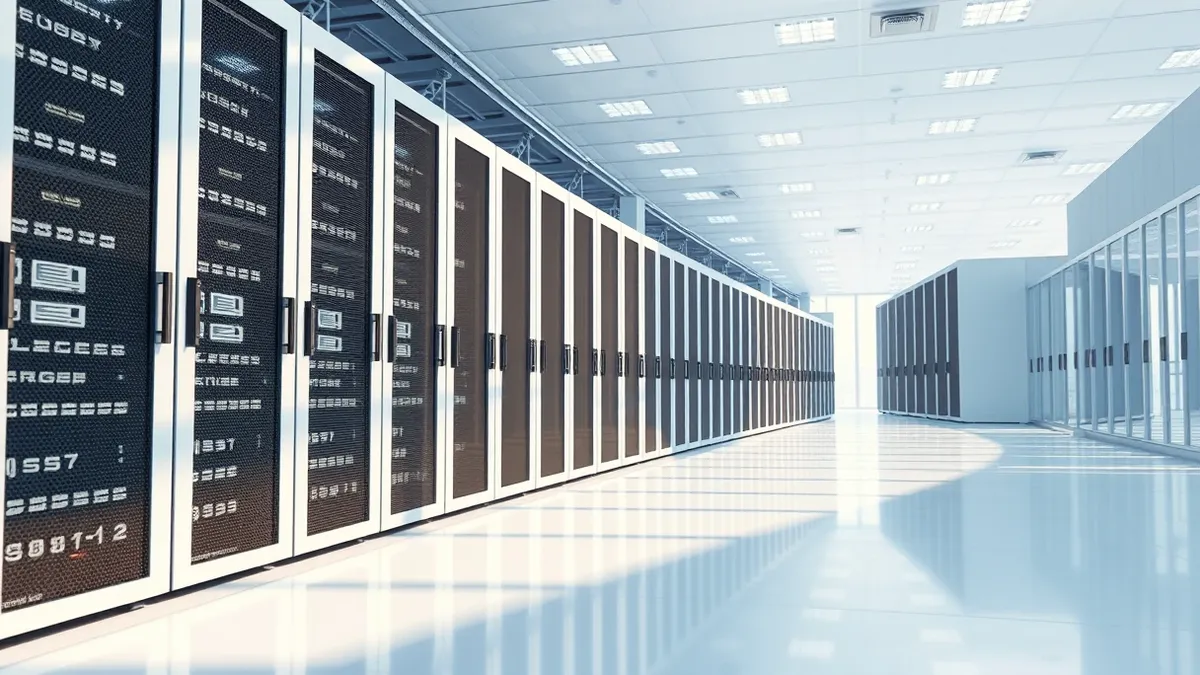 Illustration: A sleek, modern server rack with blank front panels sits in a sterile, brightly lit data center aisle.