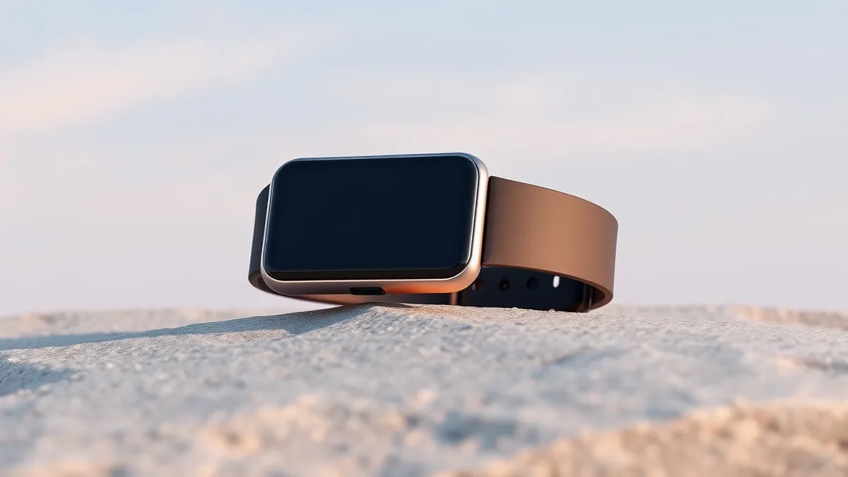 Illustration: A sleek wrist-worn fitness tracker rests on a smooth stone surface, featuring a prominent rectangular display and a small heart icon on the casing.