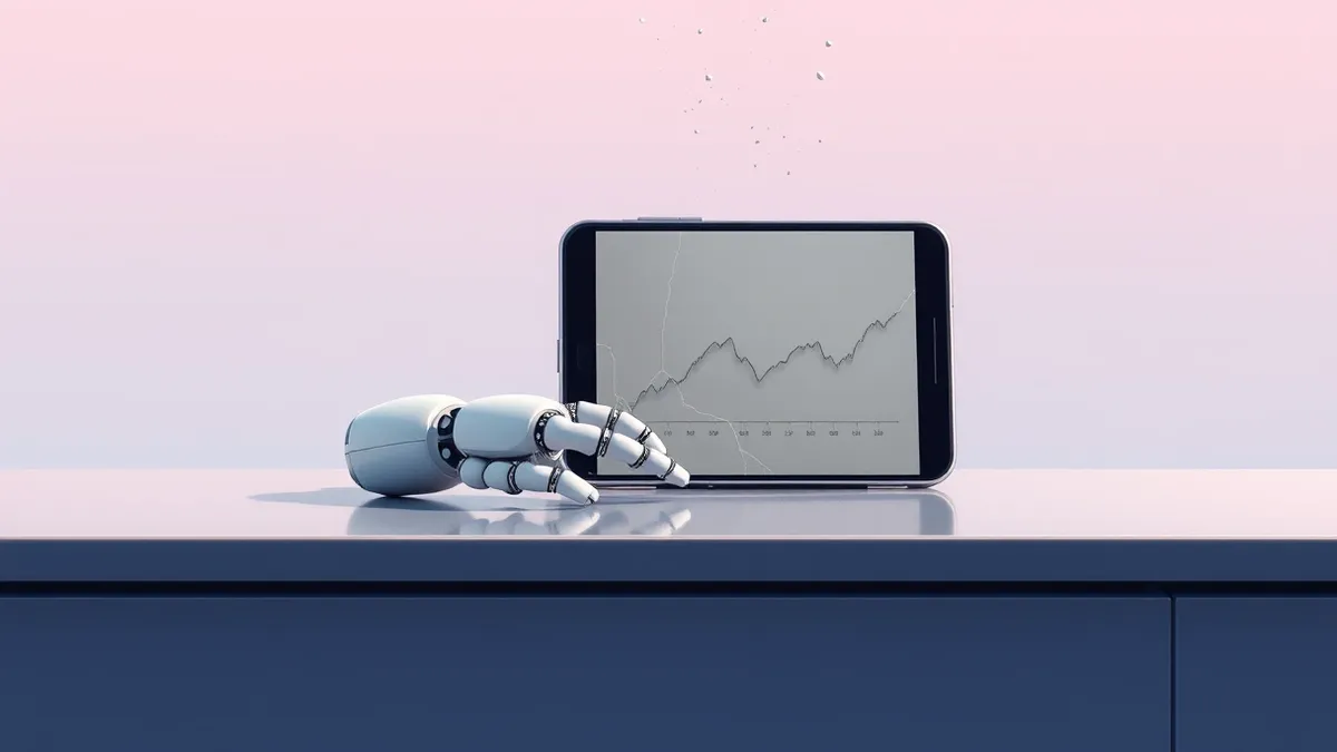 Illustration: A sleek, white autonomous robot arm rests motionless on a polished desk beside a single, cracked smartphone.