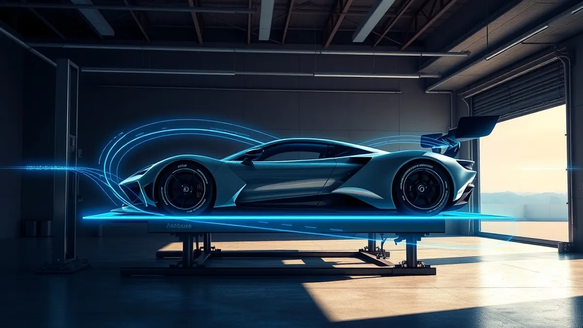 Illustration: A sleek race car sits on a lift in a dimly lit garage, surrounded by glowing blue holographic lines mapping aerodynamic airflow.