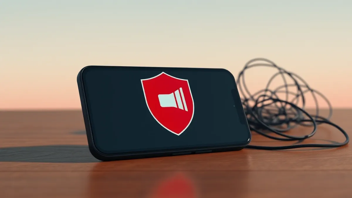 Illustration: A black smartphone rests on a wooden table, its screen displaying a large red shield icon with a diagonal line through a generic speaker symbol.