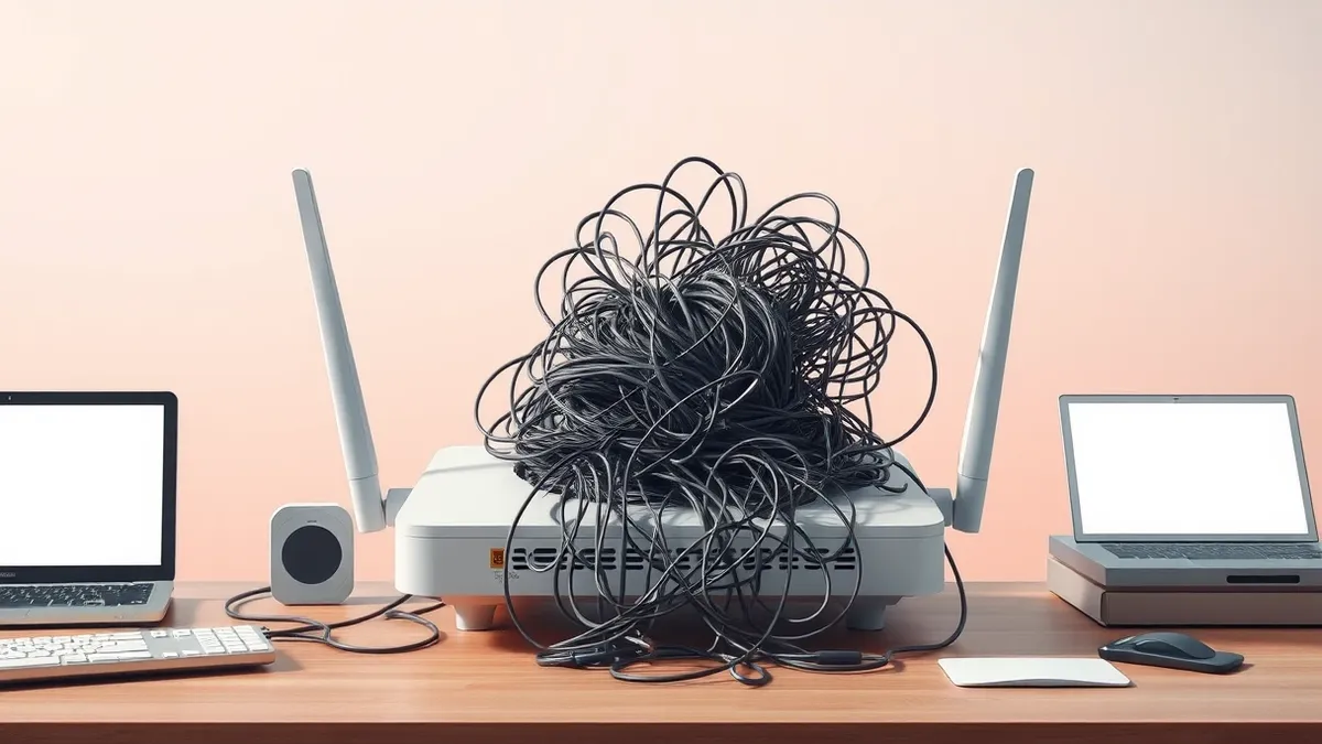 Illustration: A white wireless router sits on a desk, its plastic casing cracked open to reveal a chaotic pile of tangled wires spilling out from the exposed circuit board, symboli