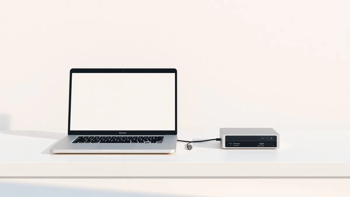 Illustration: A generic laptop sits on a clean white desk, its blank screen displaying abstract code blocks.