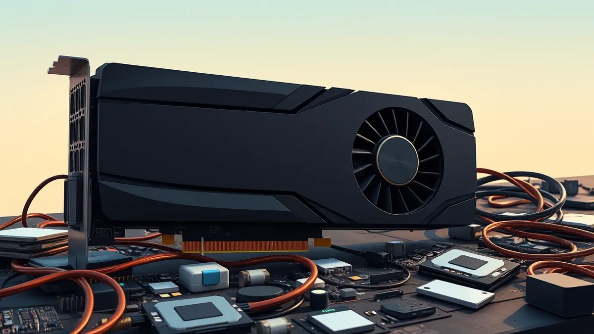 Illustration: A sleek black graphics card sits atop a cluttered workbench surrounded by loose circuit boards and copper wires.