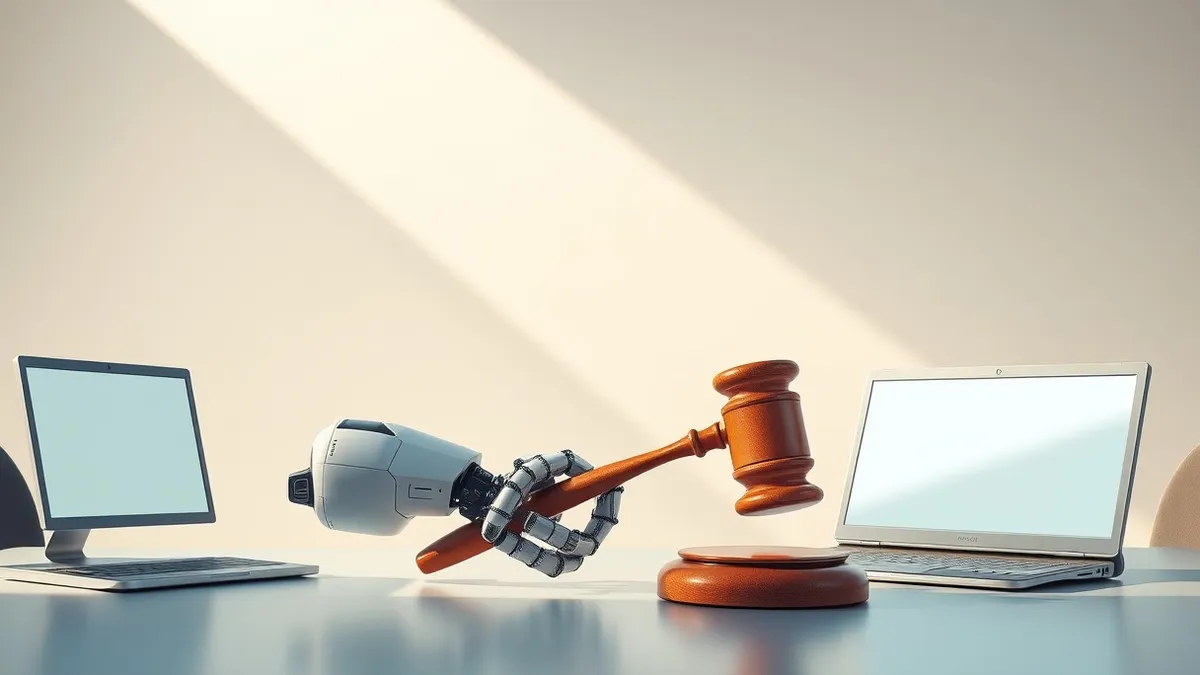 Illustration: A sleek robotic arm gently rests beside a polished wooden gavel in a quiet office.