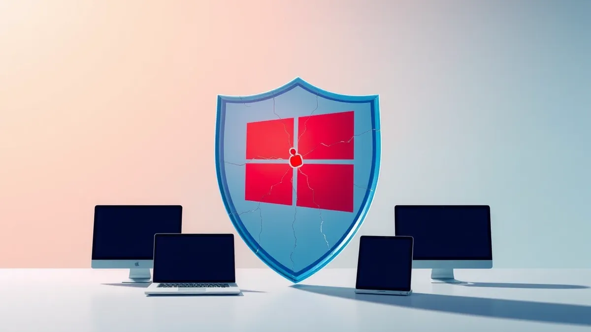 Illustration: A solitary red data packet strikes the center of a translucent blue shield representing the Windows kernel.