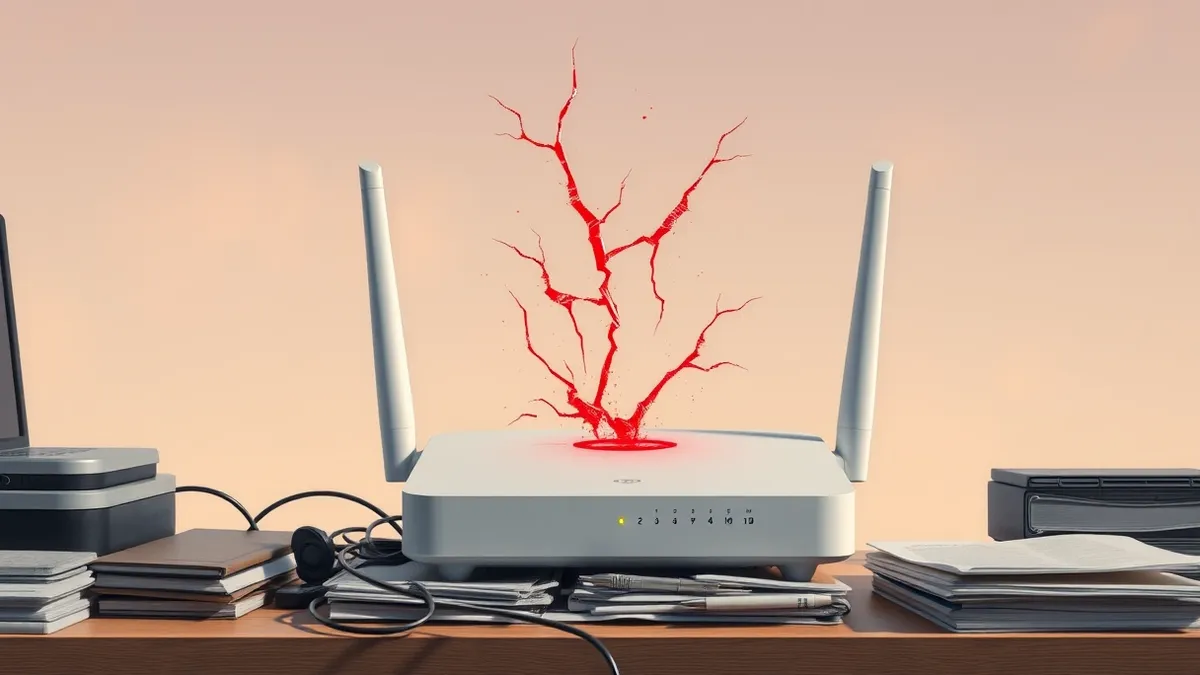 Illustration: A white residential wireless router sits on a cluttered desk.