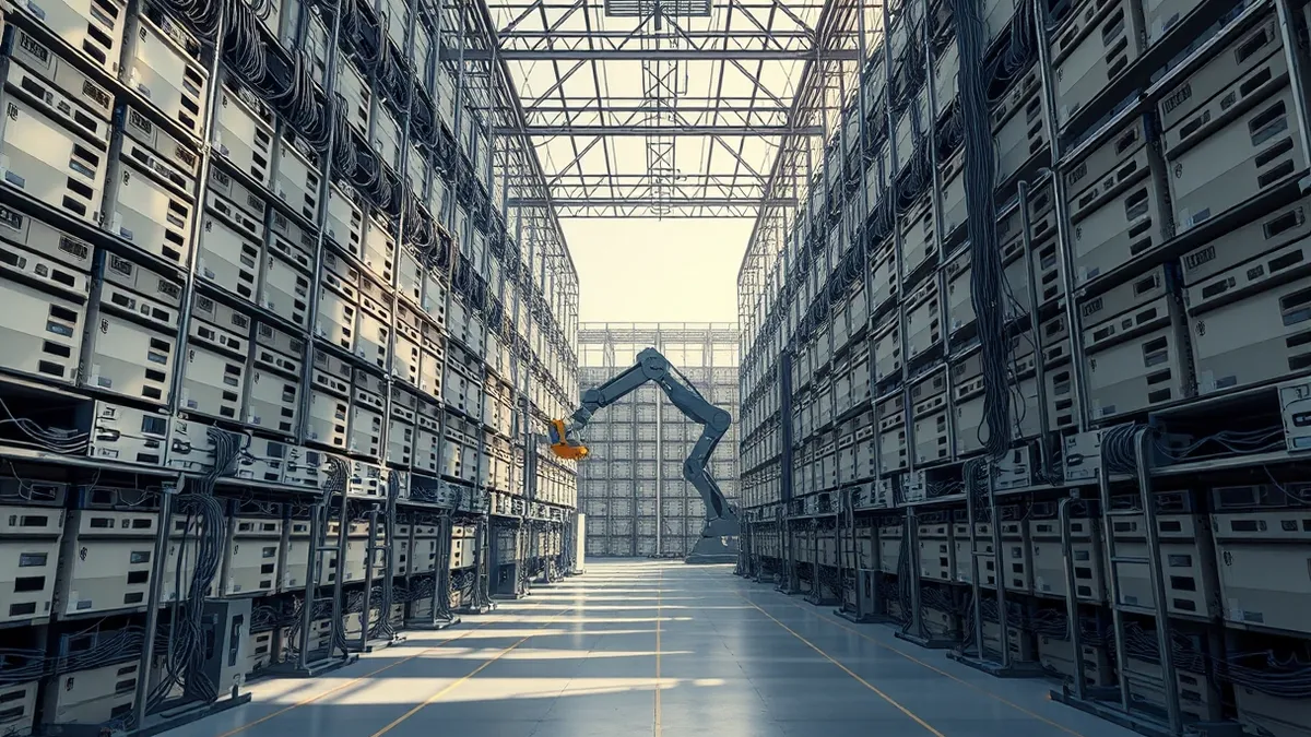 Illustration: A vast warehouse interior filled with towering racks of blank server blades and intricate fiber optic cables.