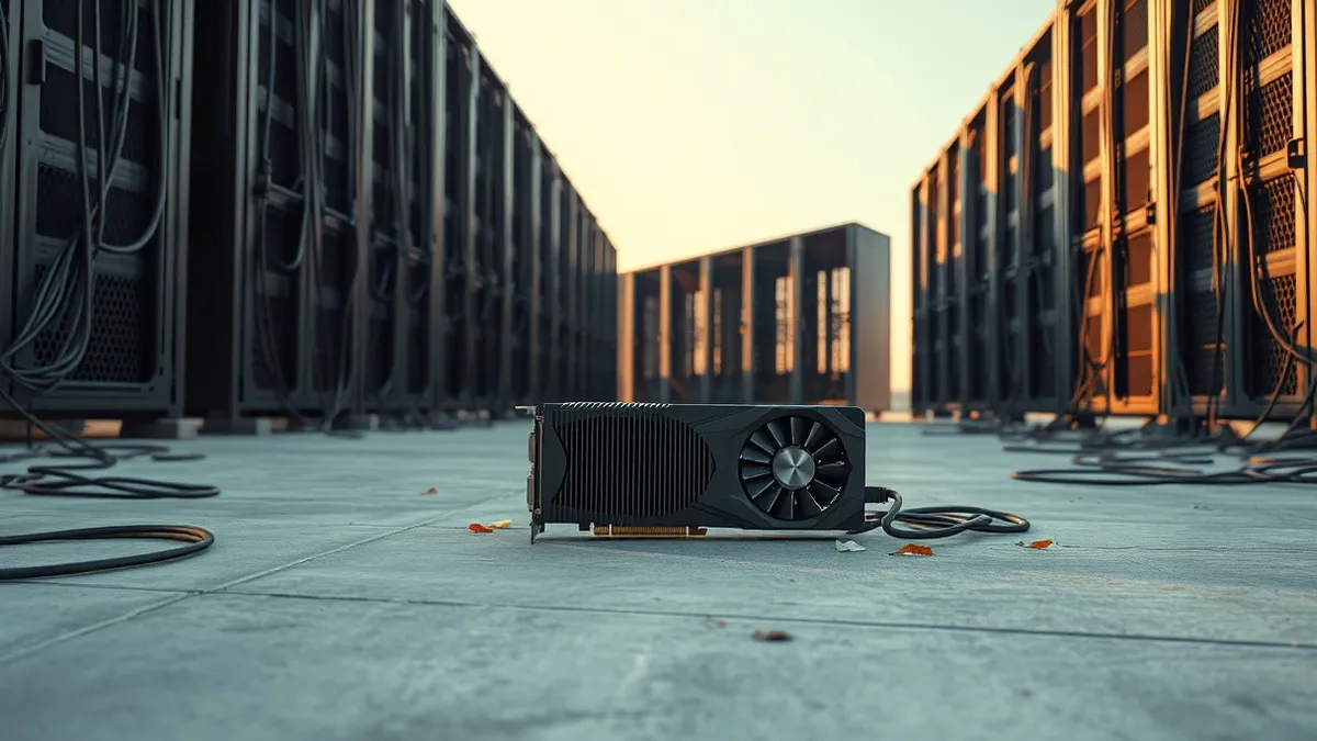 Illustration: A single high-end graphics card sits on a cold concrete floor next to a tangled mass of disconnected power cables.